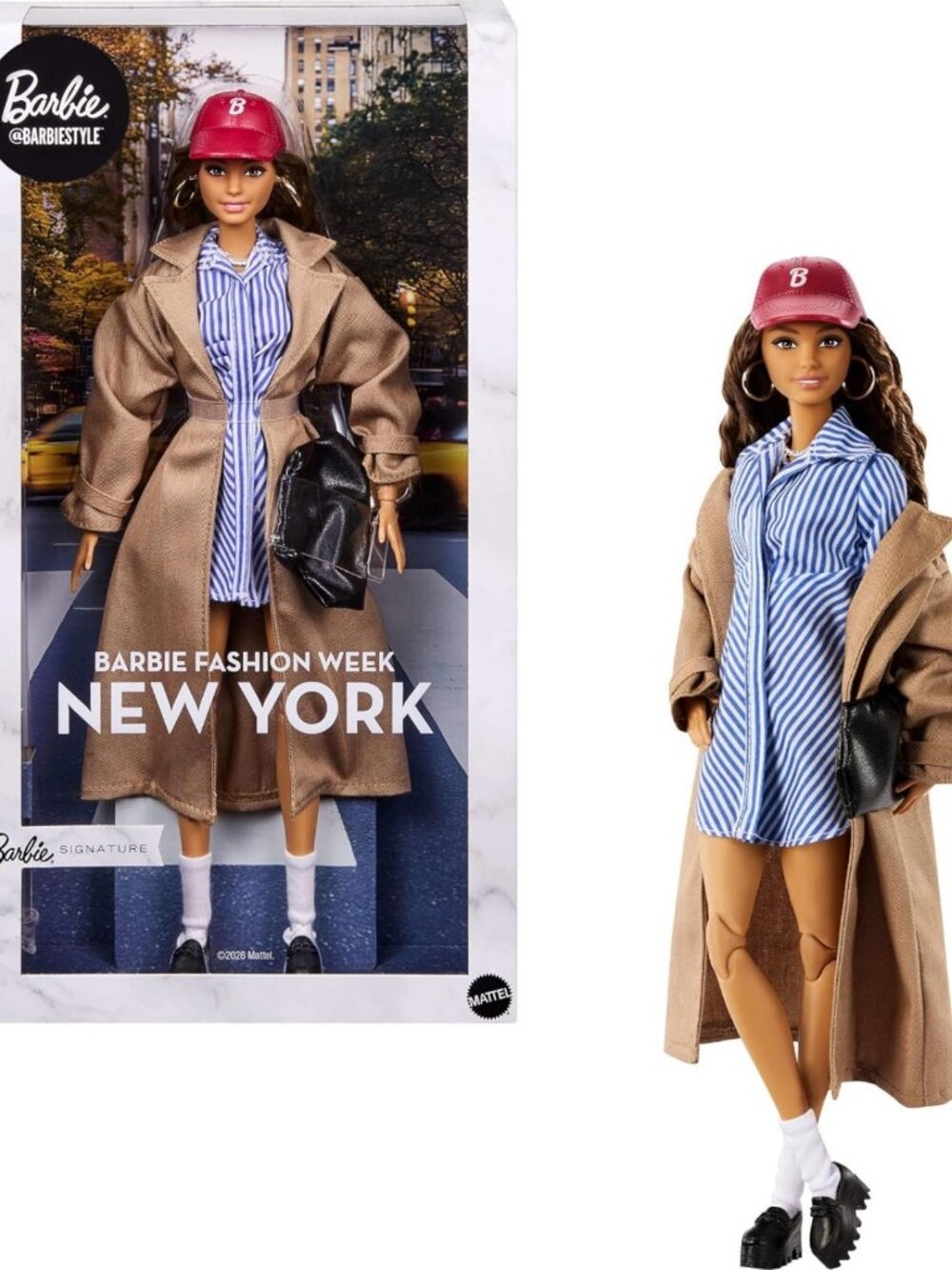 Fashion Week Collectible Doll | Street Style Outfit with Blue Dress & Brown Coat